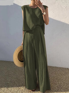 Lady Casual Loose 2 Piece Sets Fashion O-Neck Sleeveless Pullover Tops+wide Leg Pants Two Piece Sets For Women Summer Office New