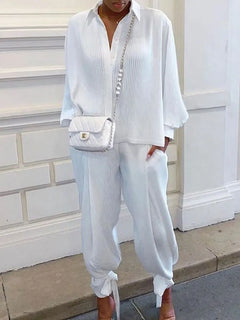 Classic Solid Shirt Pants Set Women Casual Loose Long Sleeved Lapel Elastic Waist Two Piece Suit 2025 New Summer Street Outfit