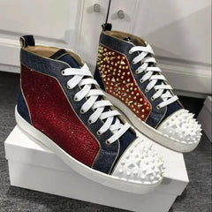 Red Rhinestones Gold Metal Rivets Men's Casual Sports Shoes Round Toe Lace-Up Thick Flat Sole High-Top Sneakers Male Patchwork
