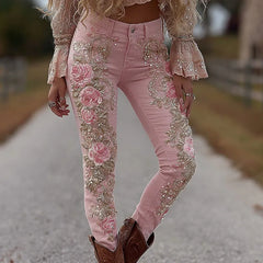 Women's Fashion Floral Jeans Straight Leg Denim Pants European American Style