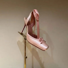 European and American Niche High-heeled Square Toe Ankle Strap Satin Bow Ballet Toe Cap Red Sole Plus Size Women's Sandals