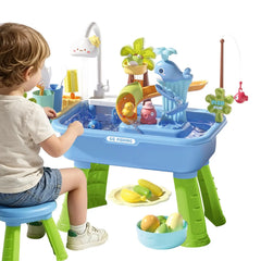 Kitchen Water table Sets with Pump,Tableware & Fishing Game for Kids,Children's Play Sink with Running Water & Electric Faucet