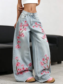 American Retro Plum Blossom Embroidery Design Blue Women's Loose Wide-Leg Jeans Y2K Street Fashion Versatile Straight Trousers