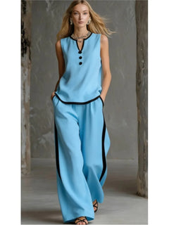 Casual Women Color Blocking Loose Sleeveless Button Vest Elastic Waist Wide-leg Pants Two Peice Set Summer V-Neck Ladies Outfit