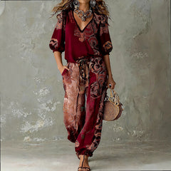Retro Floral Print V Neck Puff Sleeve Top with Jogger Pants Matching Set for Women Spring Summer