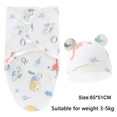 Baby Blanket Hat Set Cartoon Printed Cotton Newborn Swaddle Adjustable