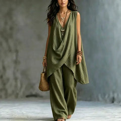Summer Linen Cotton Sleeveless Stand Collar Set Women Casual Loose Fit