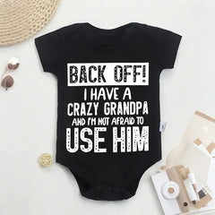 Cute Cotton Baby Bodysuit with "Back Off! I Have A Crazy Grandpa" Print Short Sleeve Baby Girl Boy Jumpsuit Kids Cotton Clothes