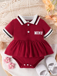 Baby Girl Red Polo Dress Set, Short-Sleeve "MINI" Letter Print Ruffled Dress with Bodysuit, Toddler Casual Outfit