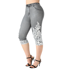 Plus Size Women's Imitation Denim Printed Tight Capri High Elasticity Knitted Fashion Casual Leggings