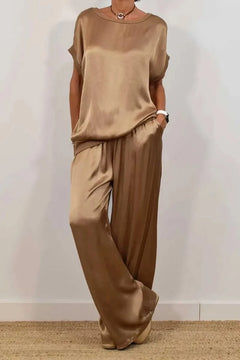 Casual Loose Satin T Shirt Pants Two Piece Sets Women Fashion O-Neck