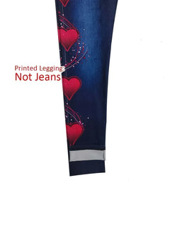 Women High Waist Faux Denim Leggings, Heart Print Skinny Pencil Pants, Stretch Non-Denim Slim Casual Streetwear Trousers