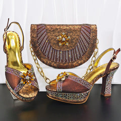 Italian Design Bigger Size Shoes and Bags Set Wedding for Women Bride Ladies High Heel HAND CRAFTED UPPER Shoes with Rhinestone