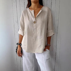 Summer Cotton Linen Blouses For Women 2025 Plus Size V-Neck Button Tee Shirts Casual Half Sleeve Black Tops Loose Women T Shirt