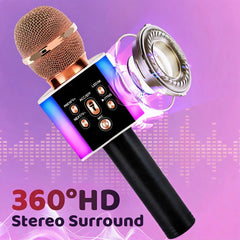 6-In-1 Wireless Karaoke Mic - Big Bass Wireless Speaker, LED Lights, Voice Changer, Pairable - Portable Singing Mic for Family, Birthday, Parties, Car Trips, Halloween, Thanksgiving And Christmas Gifts