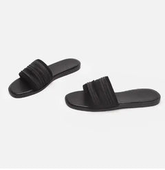 2025 Summer Flat Slippers Open Toe Beach Wearing Slides Pleated Women Shoes Black 35-40