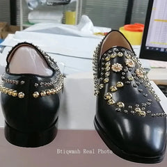 Gold Rivet Studded Shoes Man Pointed Toe Black Real Leather Hand-made Flats Male Fashion Party Shoes