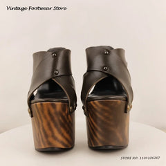 Studded Leather Platform Mules Round Open Toe Wooden Effect Thin High Heels Shoes Women's Summer Punk Style Fashion Slippers