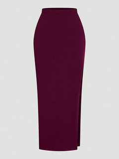 Plus Size Ms. Burgundy Sexy Romantic Urban Woman Sleeveless Neck Swing Neck Top + Split Half Skirt Long Skirt Two Piece Set