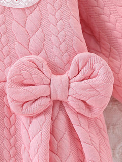 Pink Thickened One-Piece Romper for Baby Girls, with Cable Knit Quilted Fabric, Doll Collar with Hollow Lace, Double Bow, Snap Buttons on the Front and Crotch, Warm and Cute