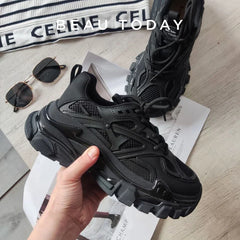 BeauToday Chunky Sneakers Women Synthetic Leather Mesh Patchwork Round Toe Lace-Up Thick Sole Ladies Sports Shoes Handmade 29448