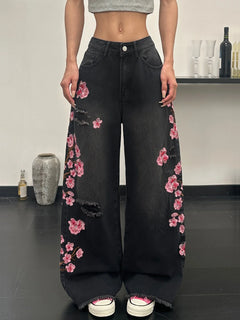 Women's European And American Style Floral Embroidered Black Loose Wide-Leg Jeans, Street Trend, Fashionable And Versatile, Soft And Comfortable High-Waisted Straight Trousers