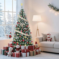 Pre-Lit Flocked Artificial Christmas Tree 6‘/9’ with Warm White LED Lights, Realistic Pine Branches, Snow Covered Xmas Tree, Slim Space Saving Design, Sturdy Metal Stand, Indoor Outdoor Holiday Decoration