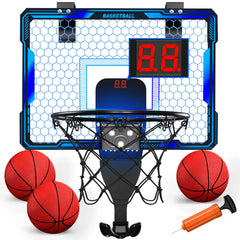 Mini Indoor Basketball Hoop with 7 LED Lights Scoreboard 3 Play Modes Adjustable Volume over Door Foldable for Kids Adults