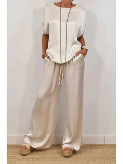 2-Piece Set Fashion Satin O Neck T-Shirt Top Trousers Summer Retro