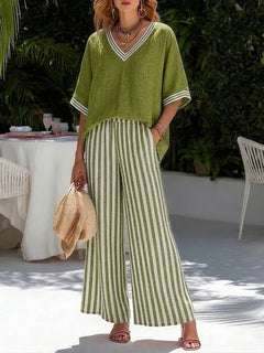 Fashion Women's Casual Striped Comfortable Loose V-Neck Cotton Hemp