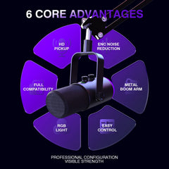 Professional USB Gaming Podcast Condenser MicrophoneKit with Adjustable Metal Boom Arm, 360° Rotatable Design,ENC Noise Reduction, HD Sound Pickup, Easy 1-Touch &Gain Control for PC Laptop Twitch YouTube StreamingRecording,