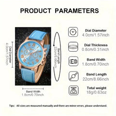 Fashion Quartz Watch and Jewelry Set, Shock Resistant Circular Analog Digital Display, PU Leather Strap, Zinc Alloy Case