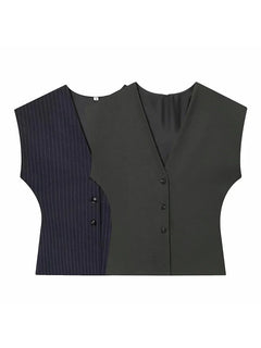 Women Fashion 2-Piece Set Single-breasted Sleeveless V-Neck Pinstripe Vest+Summer Pleated Loose Pocket Belt Zipper Pants