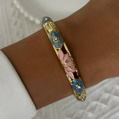 Elegant Enamel Dropped Glaze Flower Texture Bracelet For Women Retro Gold Plated Evil Eye Floral Zircon Bangle Party Jewelry