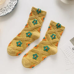 New Style Crew Socks for Women Spring Fashion Cute Flower Long Cotton Socks Japanese Style Breathable Casual Trendy Absorb Sweat