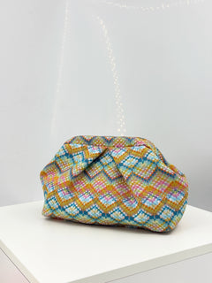 Colorful Geometric Rhombus Pattern Cloud-Shaped Pleated Clutch Bag, Niche Design Evening Bag, Women's Vacation Casual Makeup Storage Bag