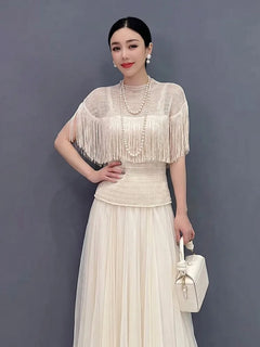 SHENGPALAE Fringe Short Sleeve Knit Top Tulle Maxi Skirt Two Piece Set Elegant Casual Summer Women Outfit 2026 New Summer