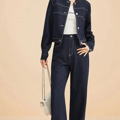 Fashion Casual Suit for Women Spring 2025 New Stylish And Slimming Denim Jacket Wide Leg Pants Two-Piece Set Female Denim Jacket