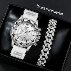 Business 2PCS Men's Fashion casual Luxury Silicone Band Diamond Quartz Bracelet Wrist Watch set（Box Not Included ）