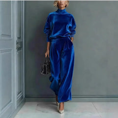 Autumn Winter Fashion High Collar Gold Velvet Long Sleeve Women's Suit