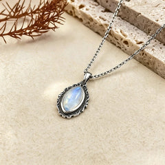 Vintage 925 Sterling Silver Necklaces with Natural Moonstone 12*6MM Simple Pendant Necklaces Party Fine Jewelry For Women Men