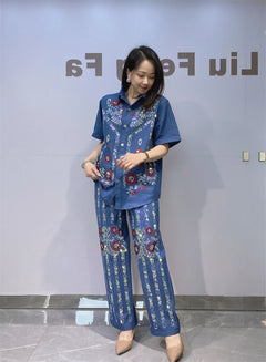 Sequins Flower Pattern Denim Turn Down Collar Short Sleeve T Shirt 2 Piece Set Woman Jeans Straight Leg Pant Set 2026 Summer