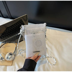 Cute Korean Nylon Mesh Wallet Teenager Hollow Shoulder Purse Bags Crossbody Solid Color Mobile Phone Bag Travel