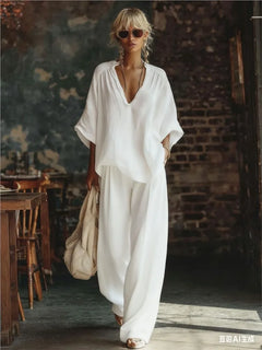 Fashion V-neck Short-sleeved Loose Top Women's Suit Summer New Casual Retro Female Vacation Lazy Trousers 2-piece Set 2026