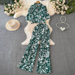 Beach Style Fashion Printed Women Pant Sets 2pcs Short Chiffon Shirts+Wide Leg Pants 2025 New Summer Casual Loose Female Suits