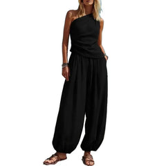 Summer Women Outfit Tank Top Pants Two Piece Set One-shoulder Sleeveless Shirt Solid Color Loose Casual Top Pants Suit