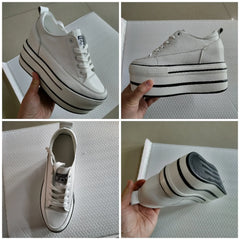 Fujin 10.5cm High Thick Heel Platform Flats Women Casual Shoes Genuine Leather Soft Quality Casual Shoe Sneakers White Black