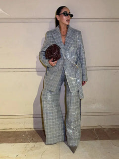 Elegant Sequin Stripe Lapel Neck Top Pant Sets Women Fashion Single Breasted Shine Ribbon Coat Leg Loose Pants Set Female Sets