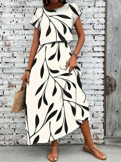 Plus Size Women's Black Leaf Print Short Sleeve Top + Maxi Skirt 2-Piece Set - Casual Daily Style (0XL-4XL)