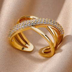 Gold Plated Stainless Steel Crystal Rings For Women Chain Geometry Zircon Finger Ring Jewelry Gift anillos mujer 2025 New Trendy